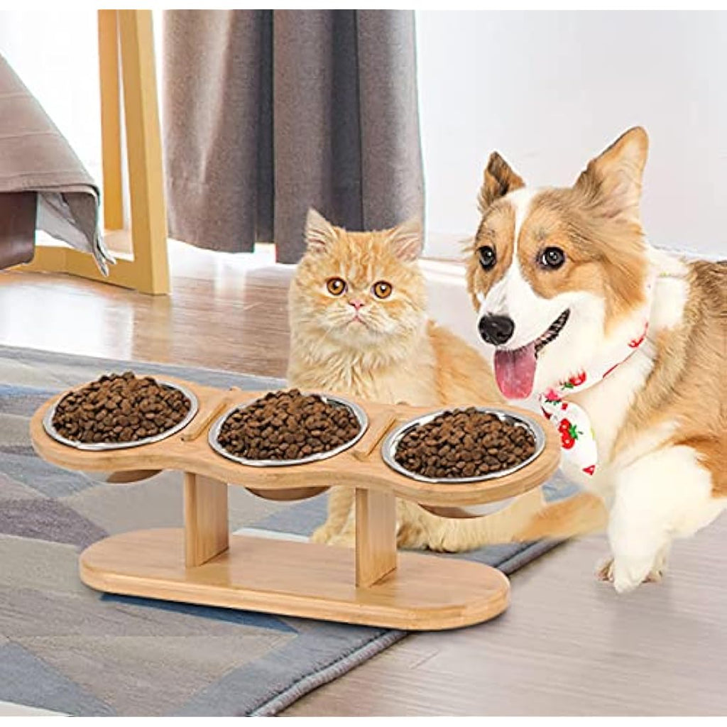 Raised Cat Feeding Station – 3 Stainless Steel Bowls & Bamboo