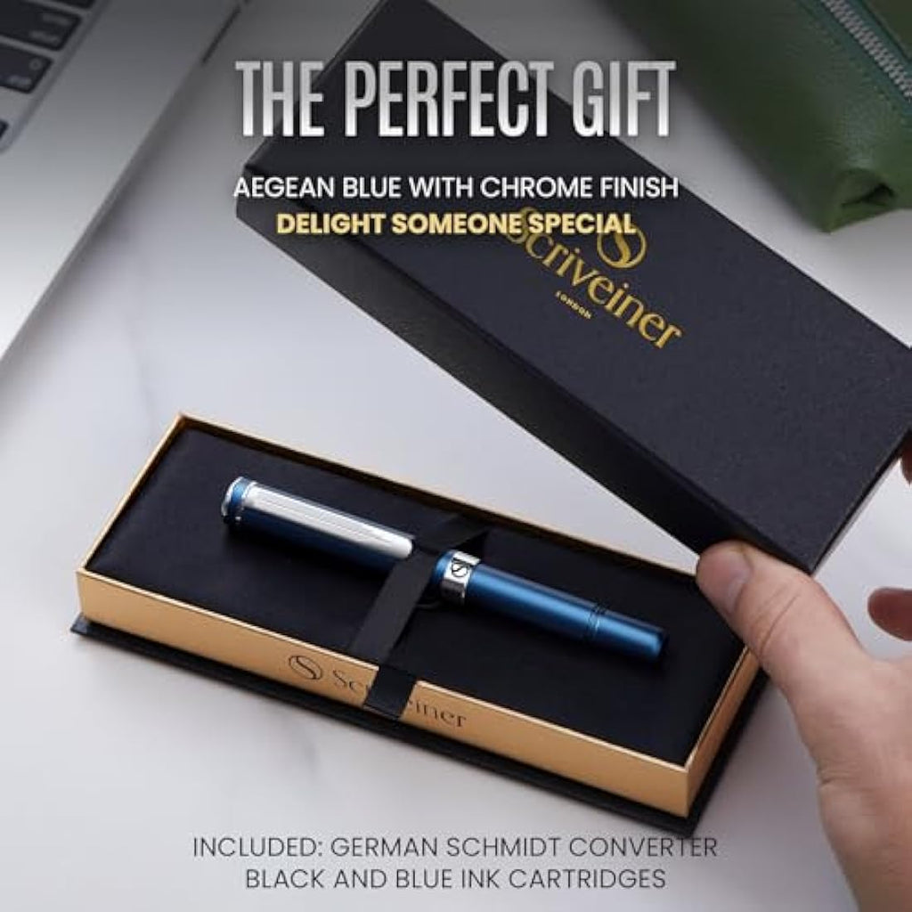Scriveiner Luxury EDC Fountain Pen - Matt Blue Pocket Pen, Medium Nib