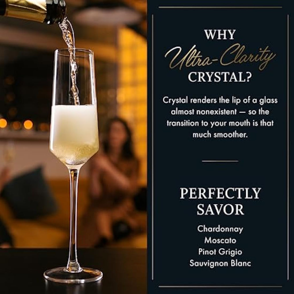 Elixir Glassware Hand Blown Crystal Champagne Flutes - Set of 4, 8oz