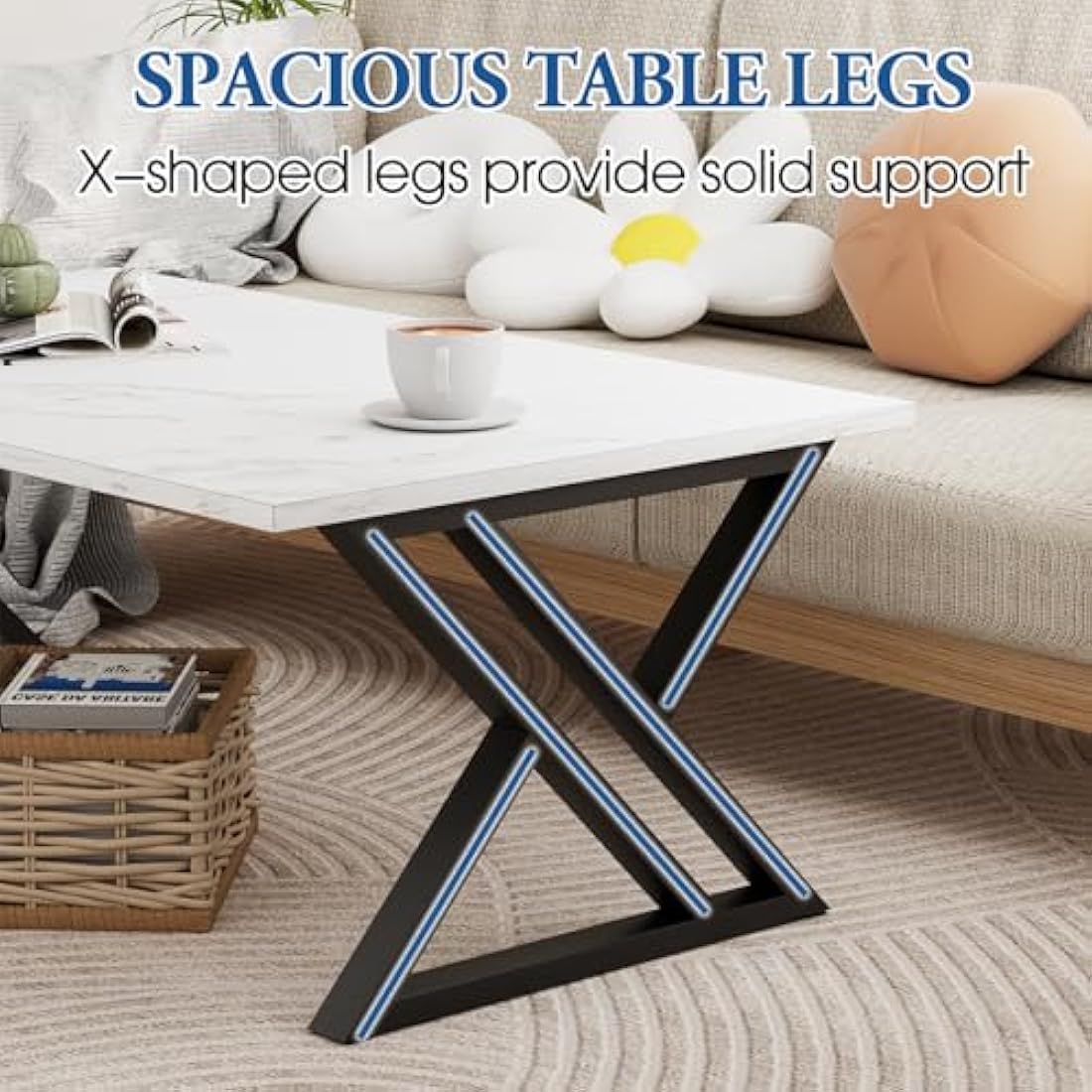 Modern Rectangular Coffee Table | Black Metal Frame, White