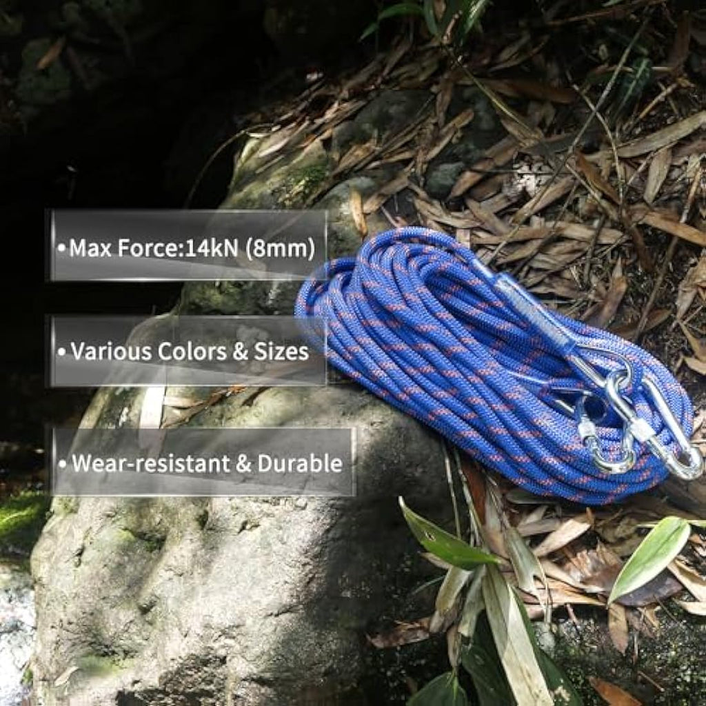 NewDoar 8mm Static Climbing Rope – 14KN Safety Cord with 2 Carabiners