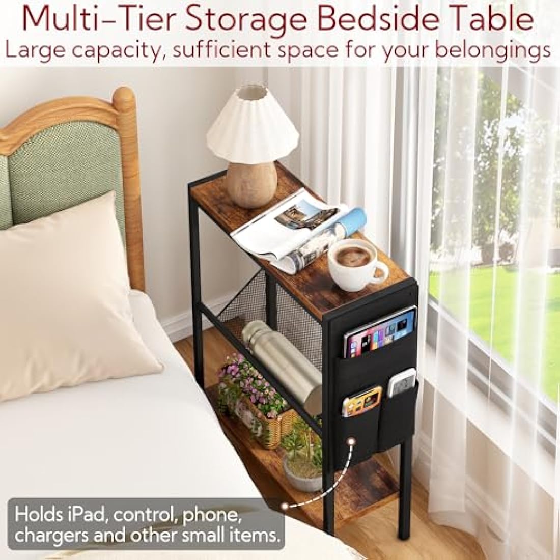 Yusong Narrow Side Table – 3-Tier Slim End Table with Storage, Rustic Brown