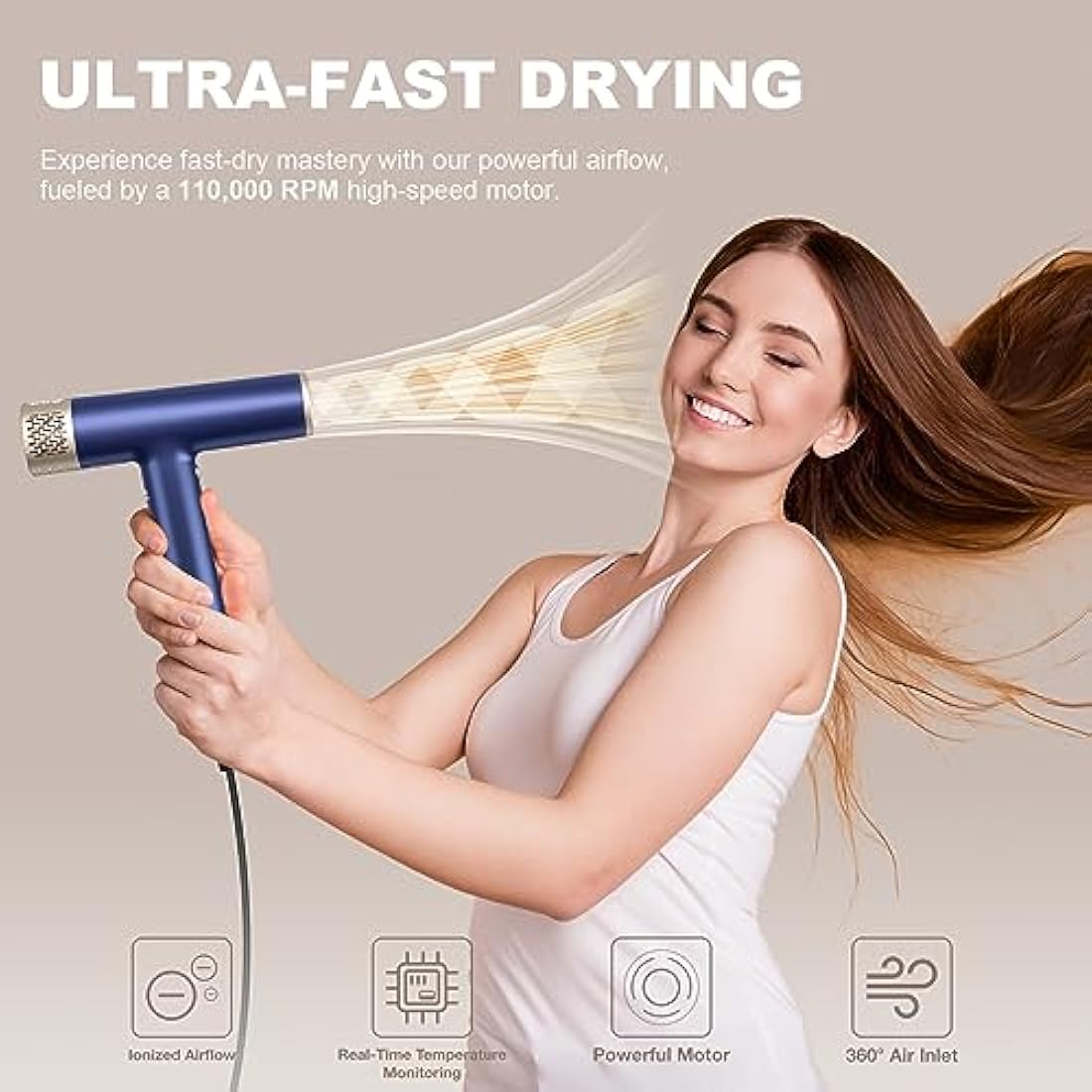 YAPOY High-Speed Ionic Hair Dryer | 110,000 RPM Fast Drying – Blue