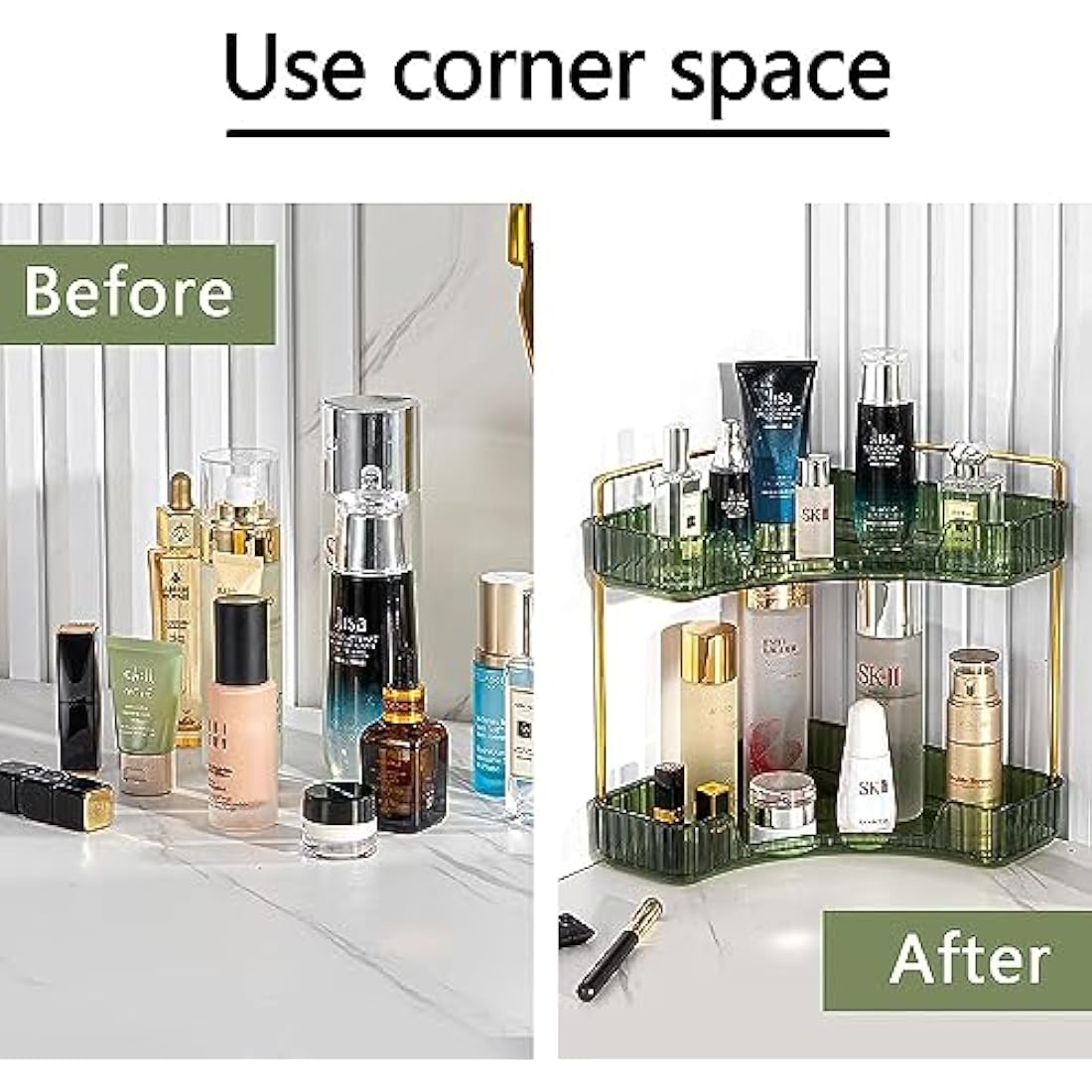 Baoswi 2-Tier Corner Makeup Organiser | Green Skincare & Perfume Shelf
