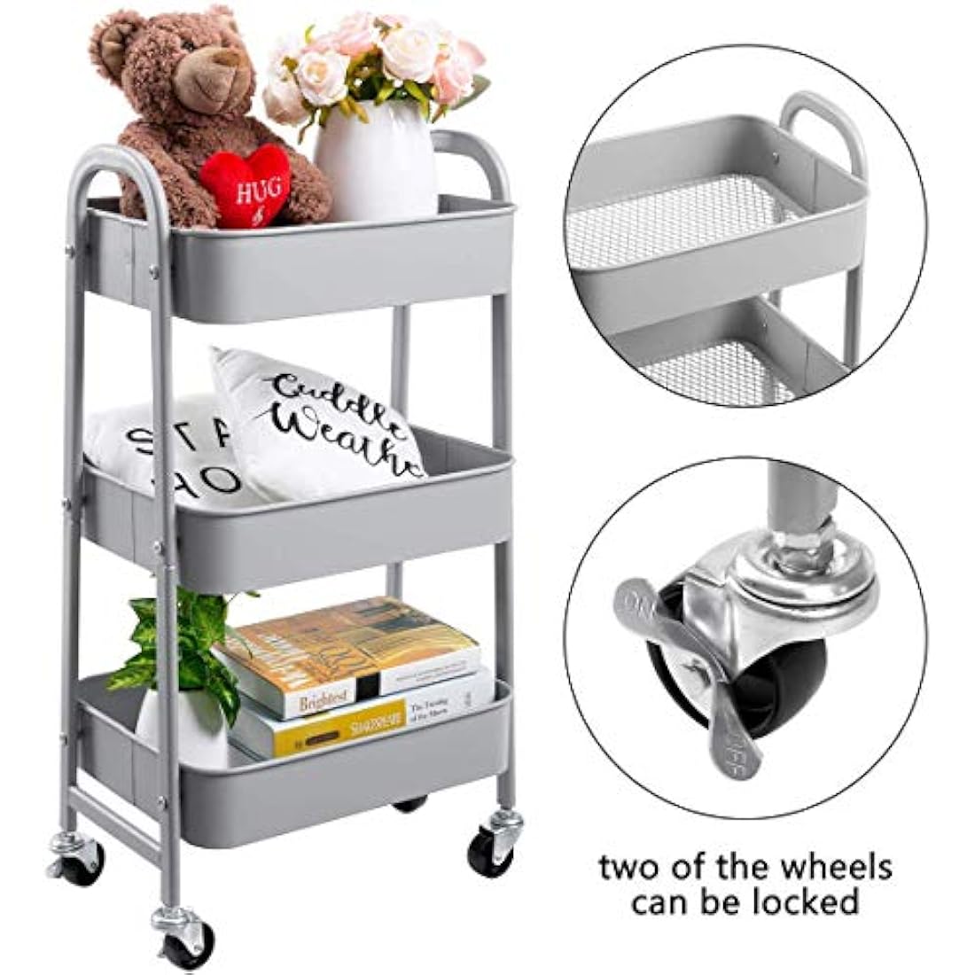 DOEWORKS 3-Tier Metal Rolling Storage Trolley - Slim Utility Cart, Grey