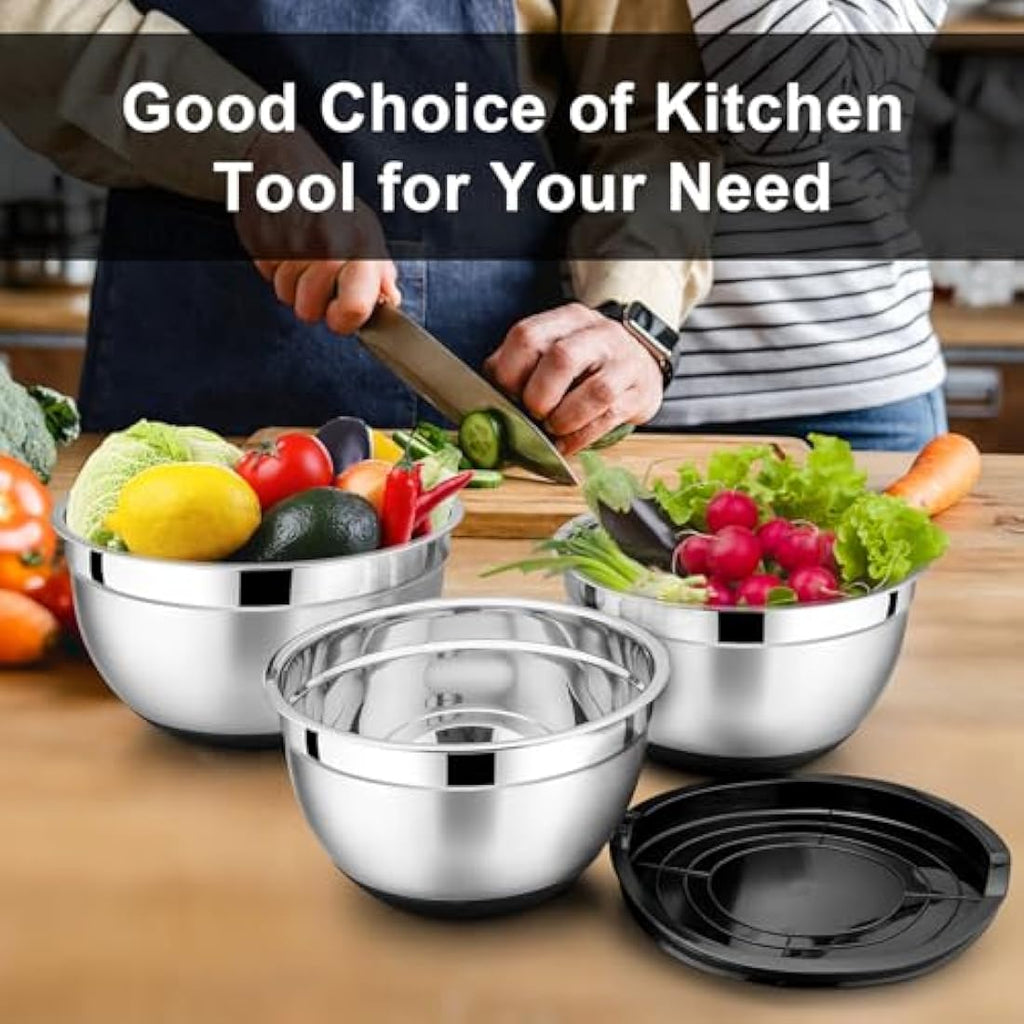 HaWare 6-Piece Stainless Steel Mixing Bowl Set with Airtight Lids - Black