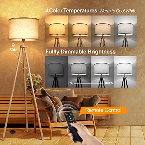 OUTON Tripod Floor Lamp – Dimmable LED Wood Standing Light with Remote
