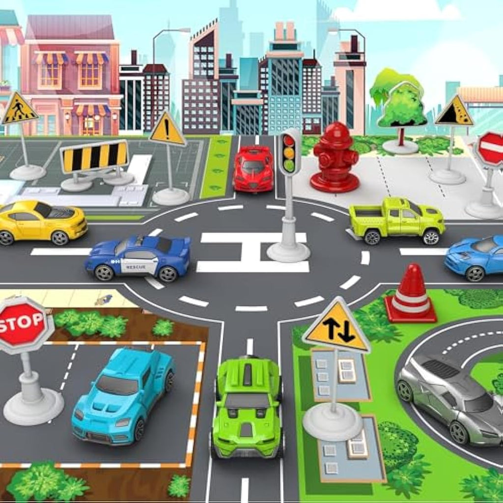 Kramow Airplane Toy Set with Play Mat, 8 Cars and Helicopter for Kids