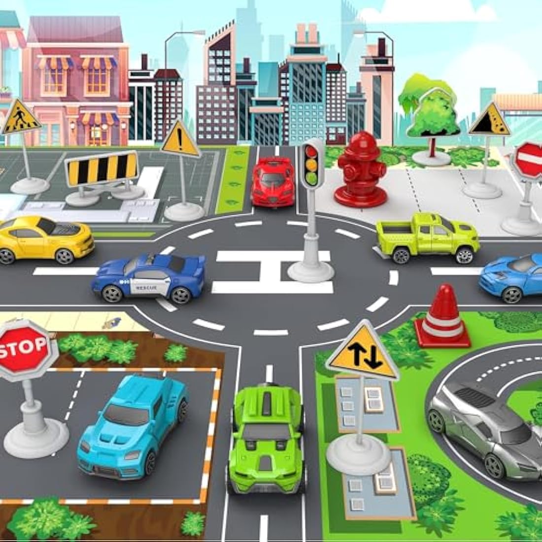 Kramow Airplane Toy Set with Play Mat, 8 Cars and Helicopter for Kids
