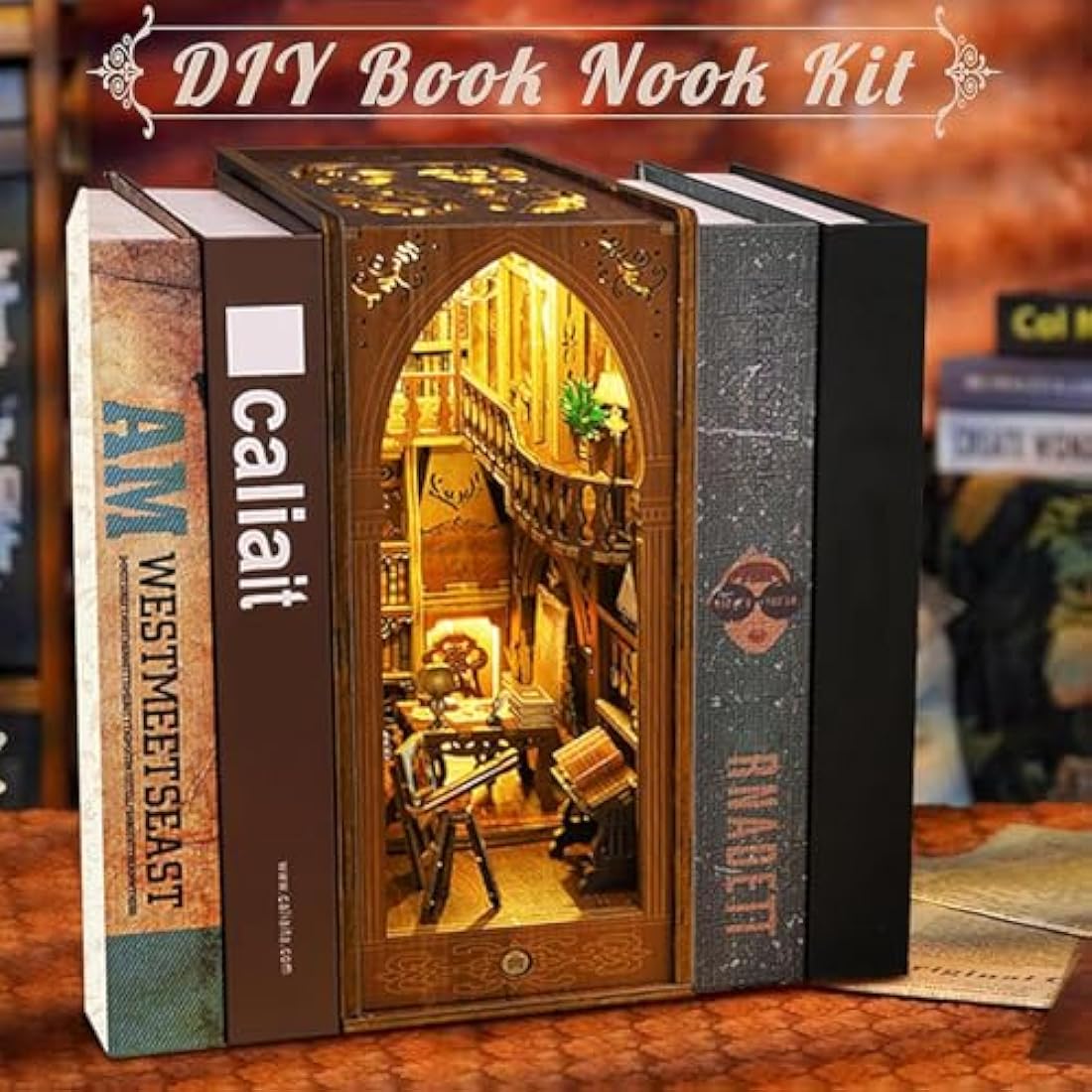 CRIOLPO Library Book Nook Kit – DIY 3D Wooden Puzzle with Sensor LED Light