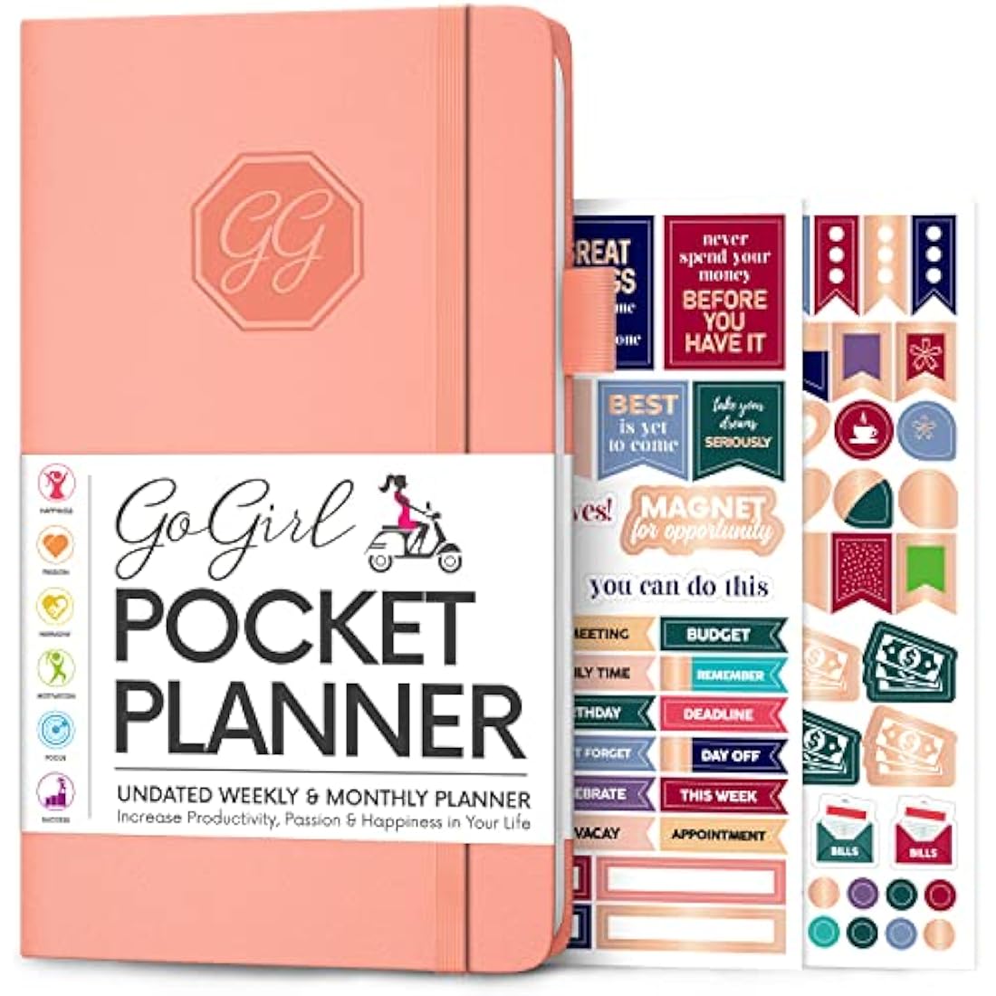 GoGirl Pocket Weekly Planner – Undated Goal Organizer, Peach Pink