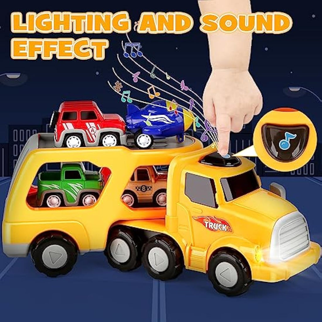 Aoskie Car Transporter Toy Truck with 4 Pull Back Cars for Toddlers