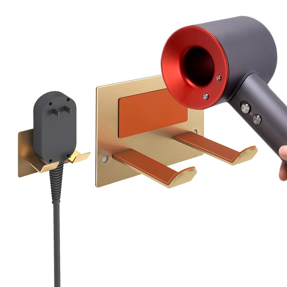 XIGOO Wall Mounted Hair Dryer Holder – Golden Stainless Steel Storage
