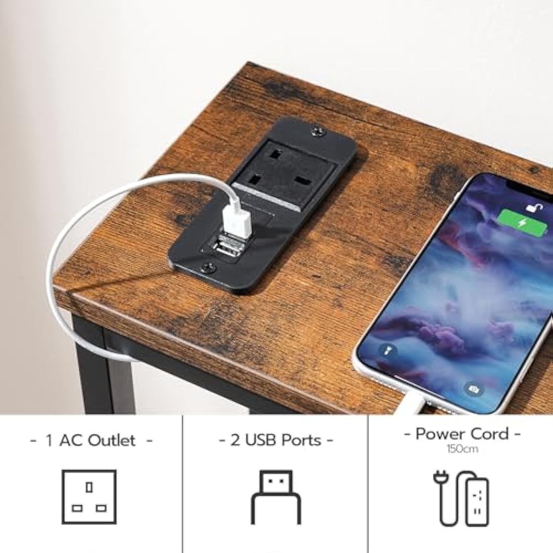 HOOBRO Slim Console Table with Charging Station | Rustic Brown and Black
