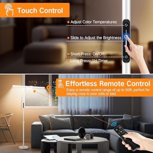 OUTON LED Floor Lamp - Double Head Dimmable Standing Lamp with Remote