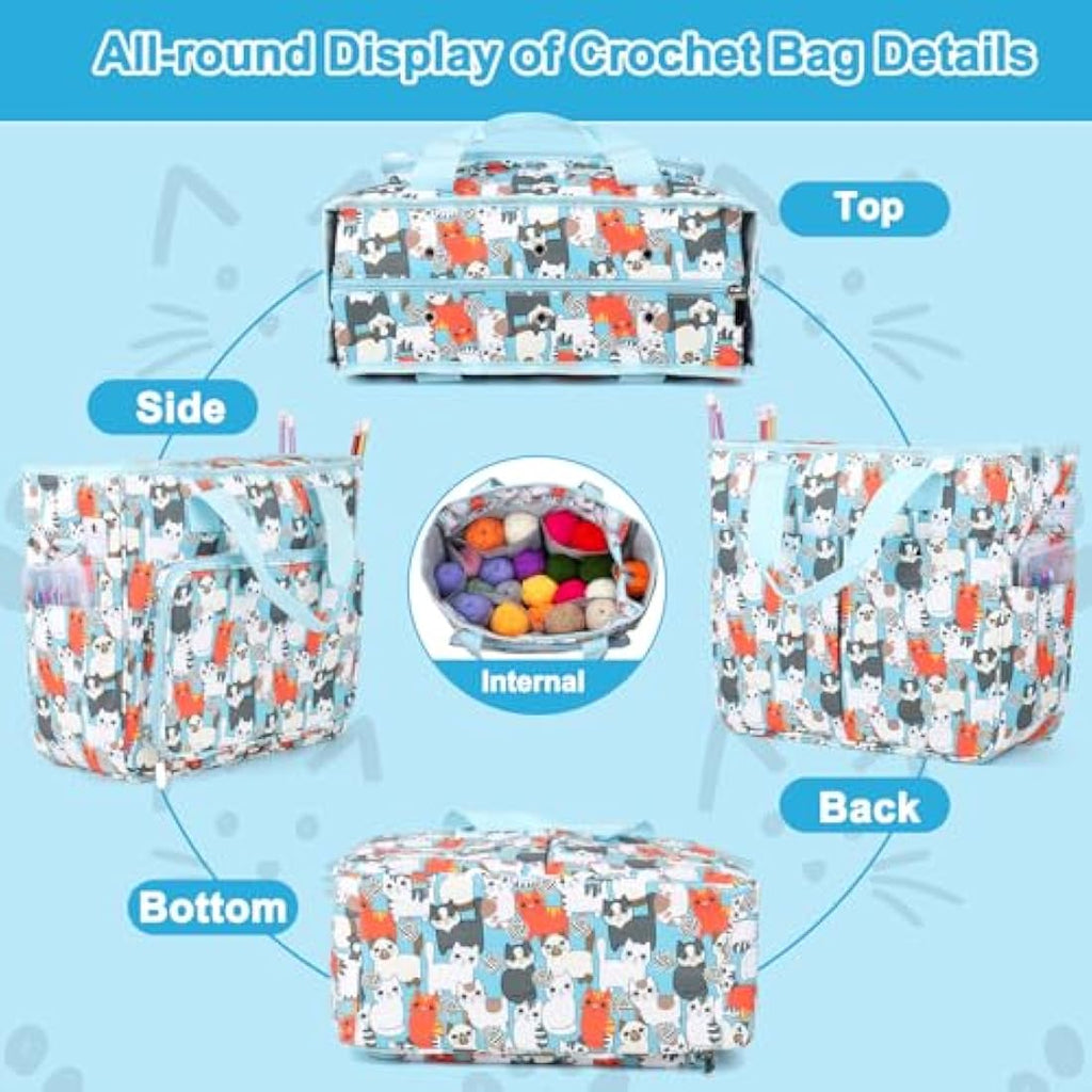 Aeelkie Knitting Bag - Large Yarn Storage Tote with Compartments, Blue Cat