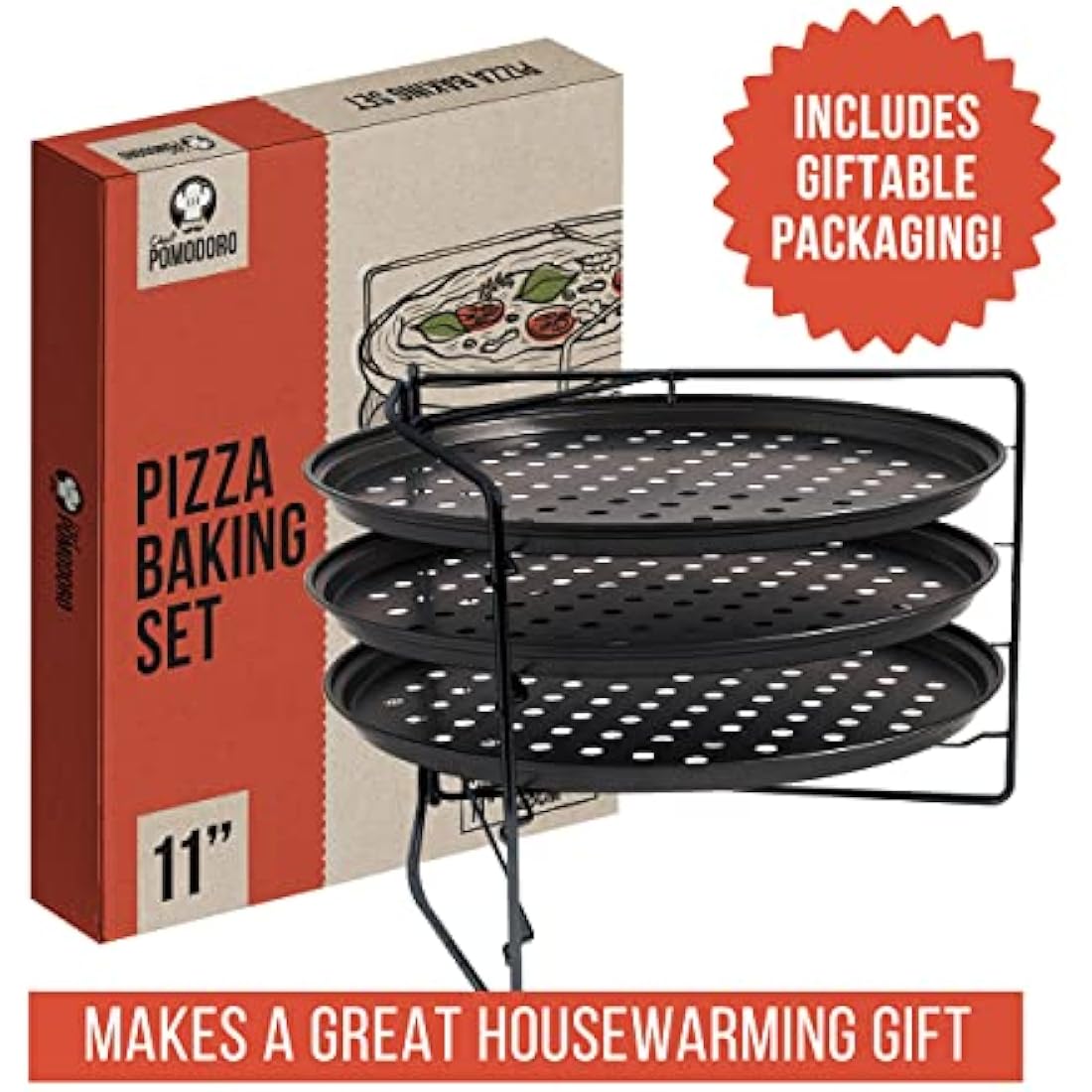 Chef Pomodoro 3-Tier Pizza Baking Set – Non-Stick Perforated 11" Pans
