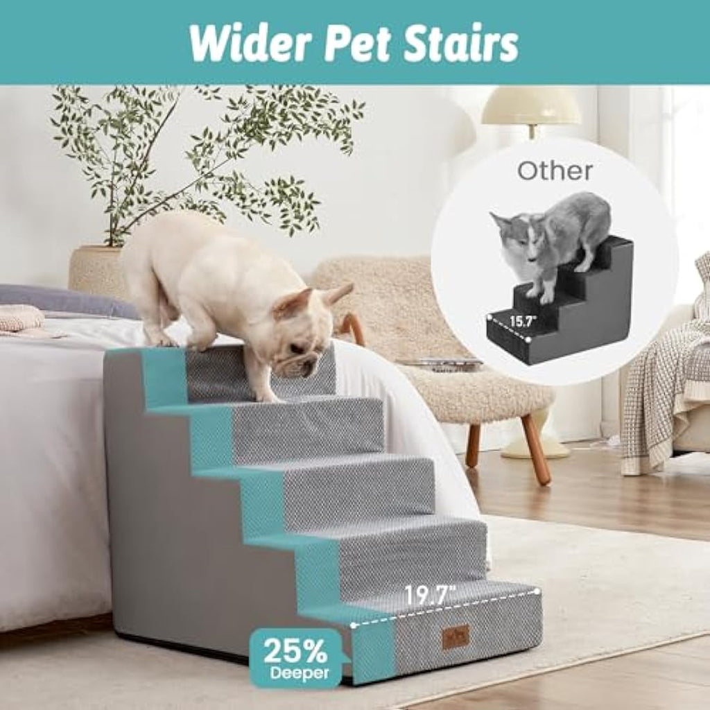 COZY KISS 5-Tier Wide Foam Dog Stairs for High Beds – Non-Slip Grey