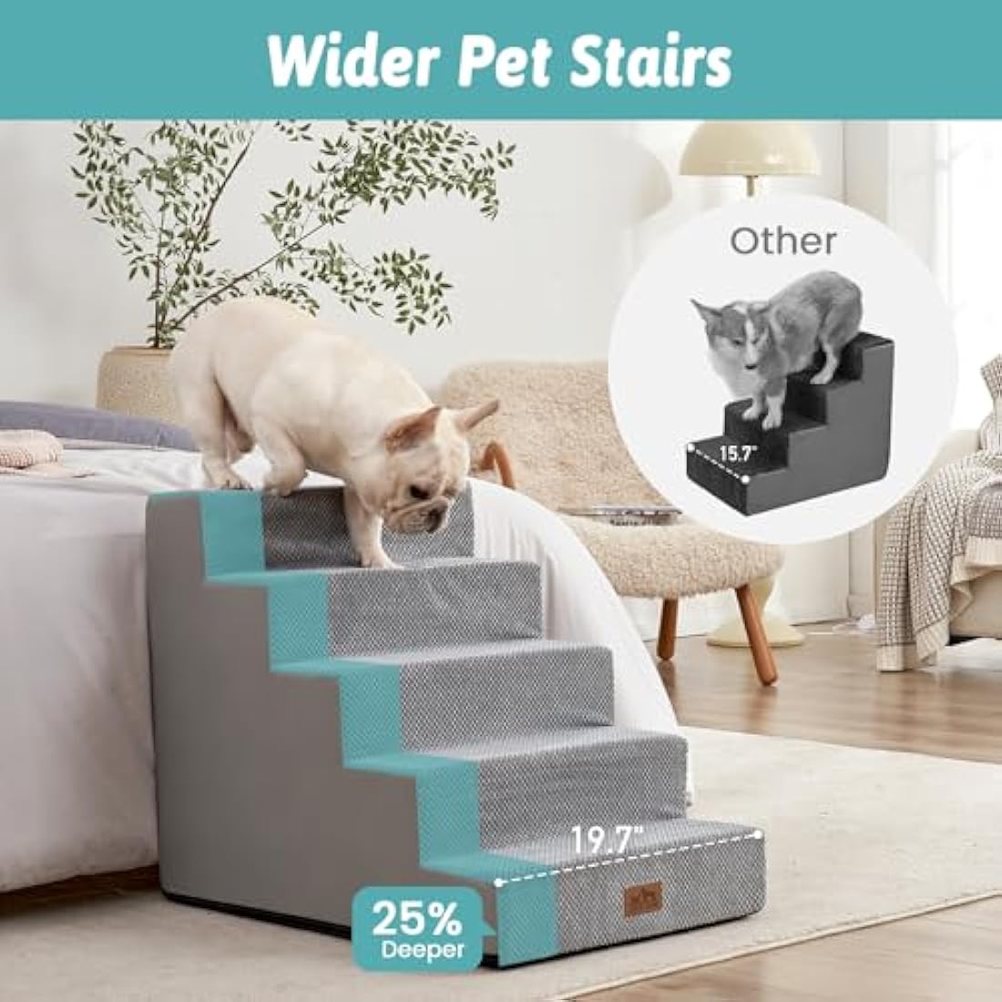 COZY KISS 5-Tier Wide Foam Dog Stairs for High Beds – Non-Slip Grey
