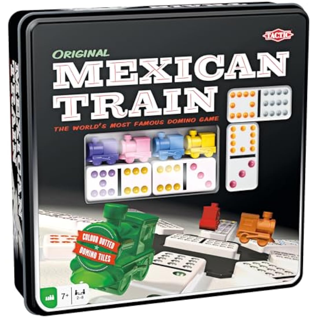 Tactic Mexican Train Domino Game Set – Portable 2-8 Player Game in Tin Box