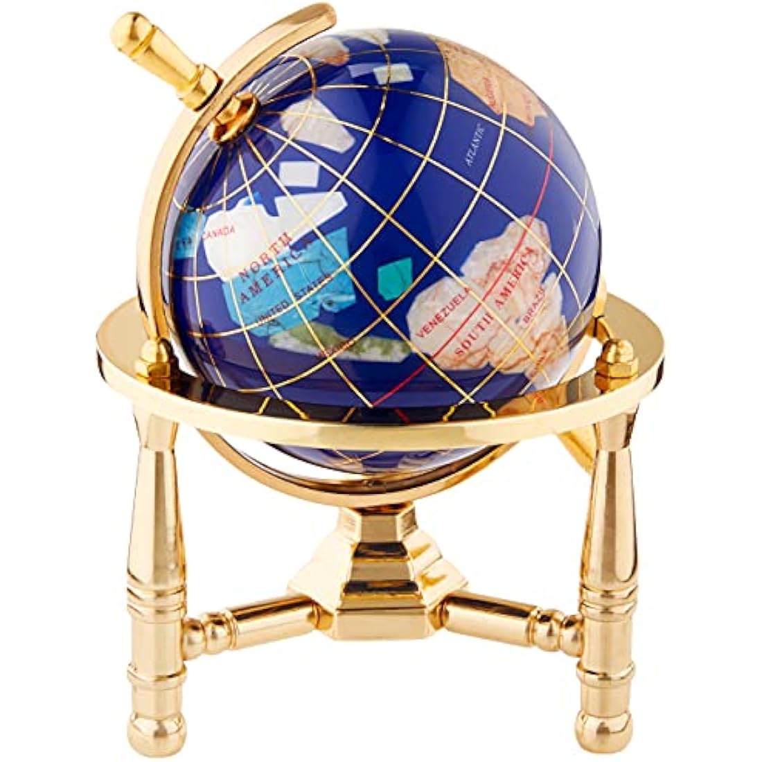 Unique Art Blue Lapis Gemstone World Globe – 6-Inch Gold Tripod Desk Decor