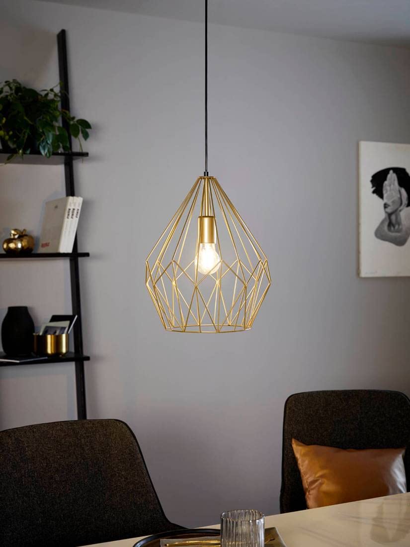 Eglo Carlton Vintage Pendant Light | Gold Steel Wire Cage Hanging Lamp