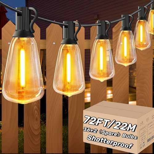 AzureStar 22M Outdoor Festoon Lights – 36+2 Shatterproof LED ST38 Bulbs