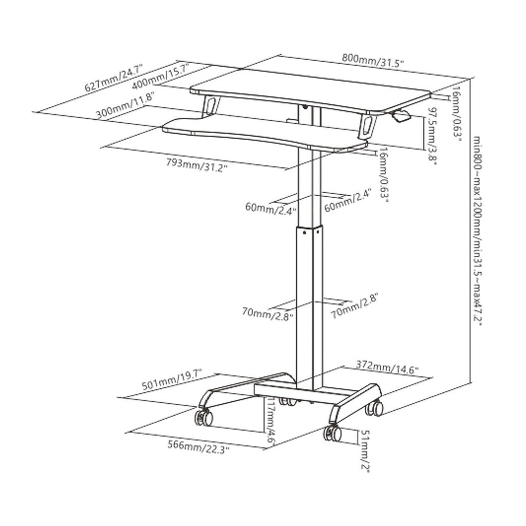 Properav Mobile Two Tier Sit-Stand Desk Workstation 800x400mm Gas Spring Height Adjust 800-1200mm using Pedal with Keyboard Tray for Windows & Mac