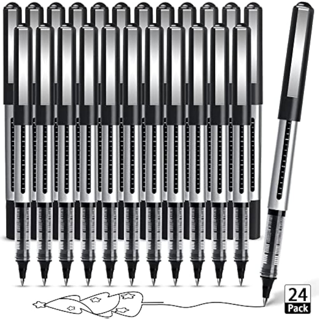 AKARUED 24 Pack Black Rollerball Pens | 0.5mm Quick-Drying Liquid Ink