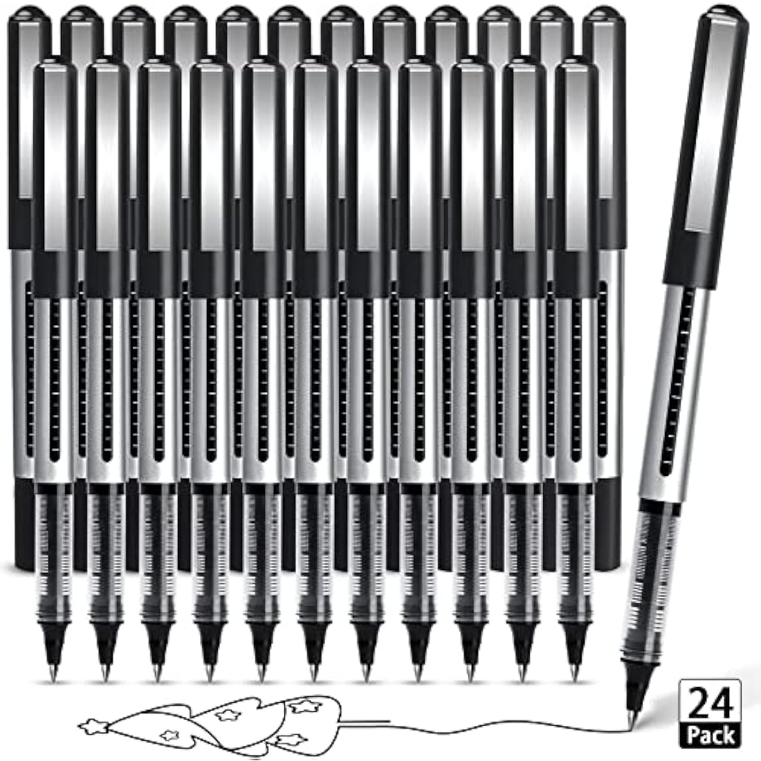 AKARUED 24 Pack Black Rollerball Pens | 0.5mm Quick-Drying Liquid Ink