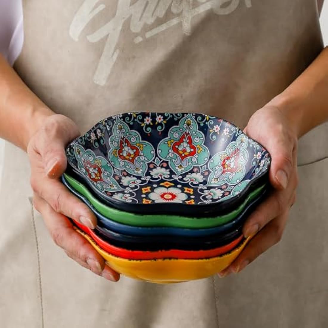 HENXFEN LEAD Bohemian Porcelain Flower Salad Bowls - 20oz, Set of 6
