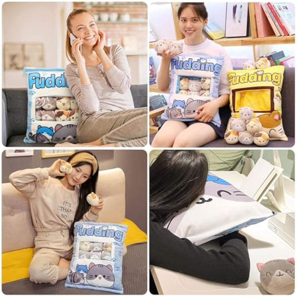 Cat Snack Pillow – Kawaii Plush with 8 Removable Kitty Dolls