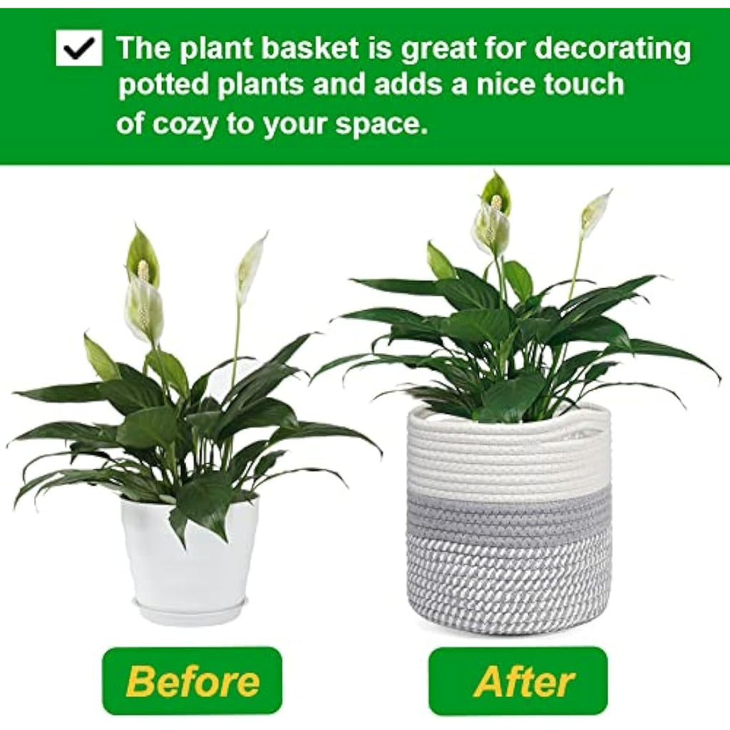 Woven Cotton Plant Pot Basket with Liner - White & Grey