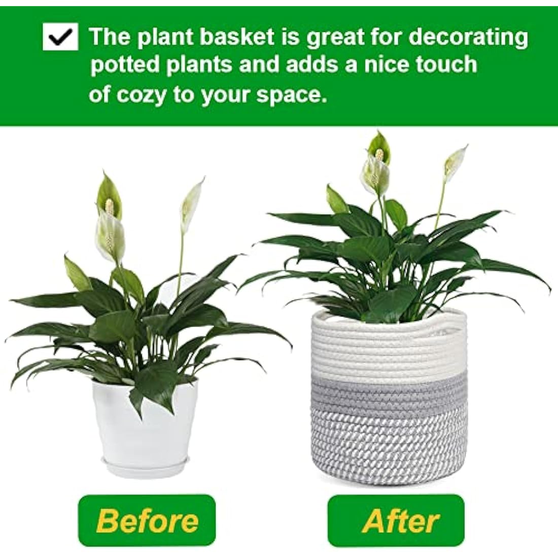 Woven Cotton Plant Pot Basket with Liner - White & Grey