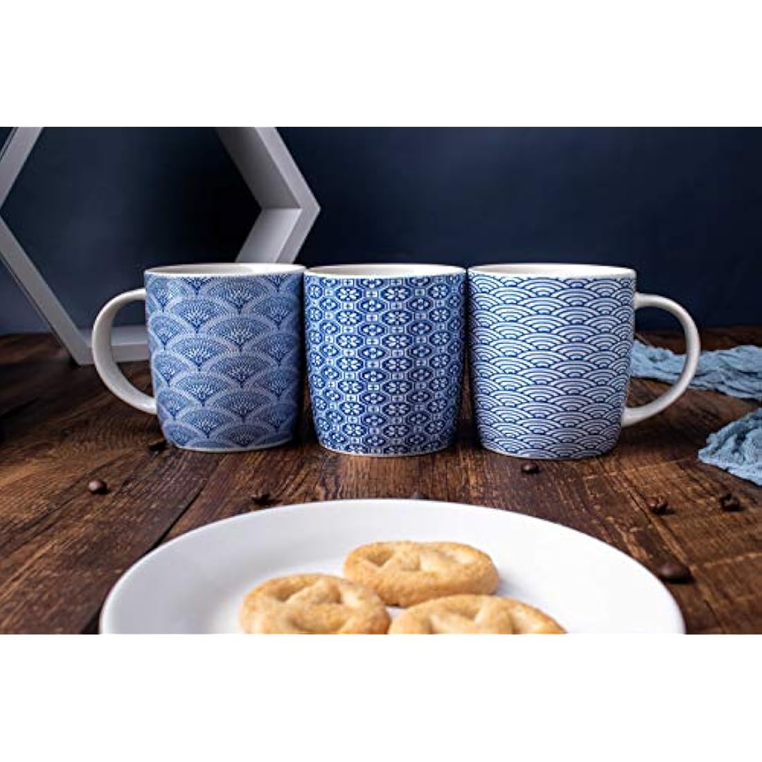 MACHUMA Ceramic Coffee Mugs - 6 Pack Blue & White Geometric Cup Set