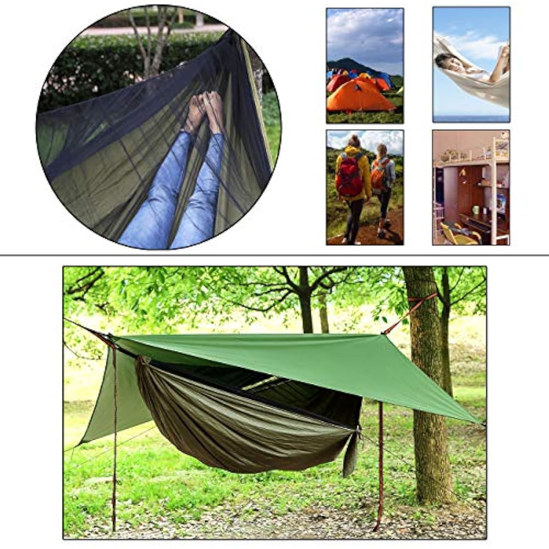 Camping Hammock Set with Mosquito Net and Rainfly – Army Green