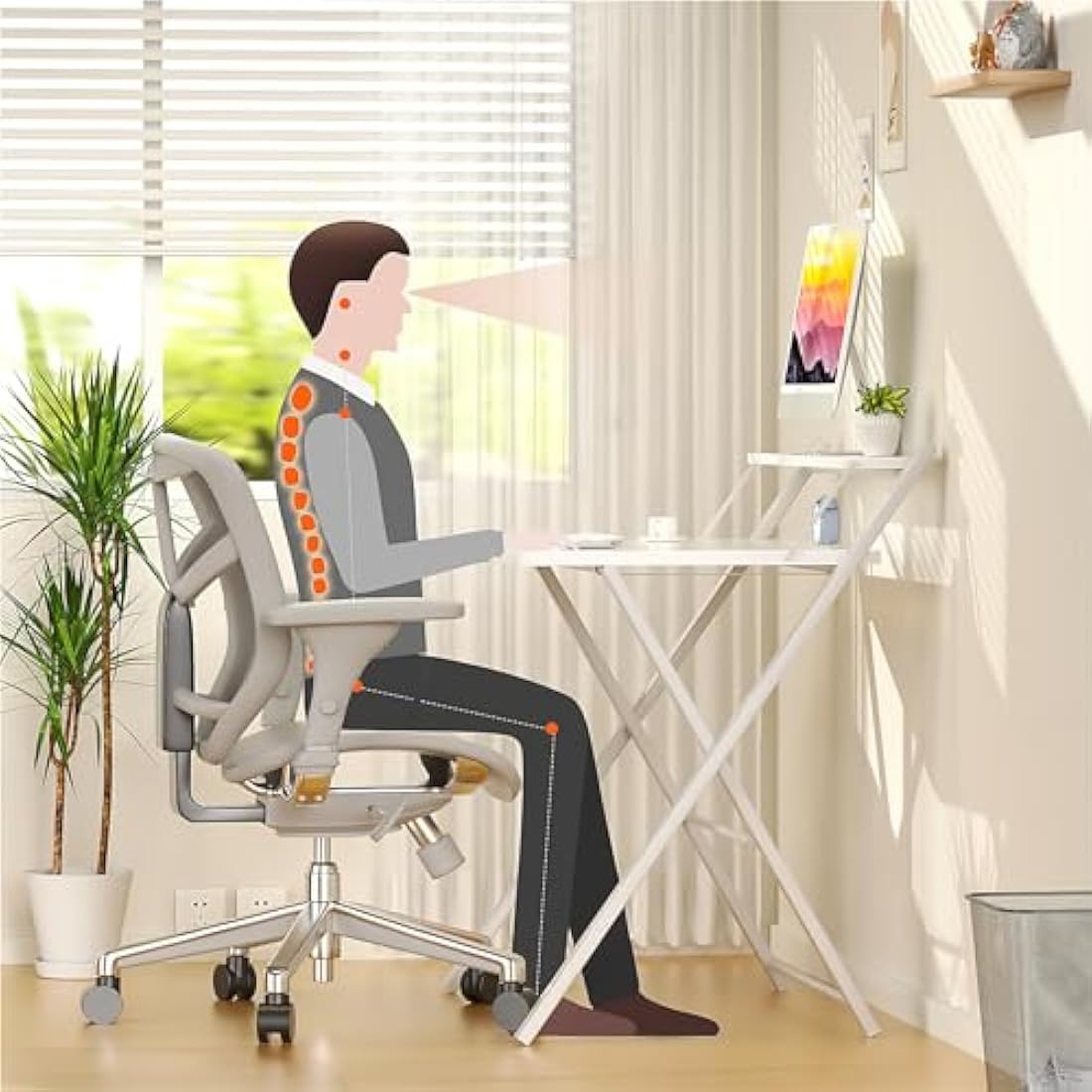 Folding Computer Desk with Monitor Shelf - White