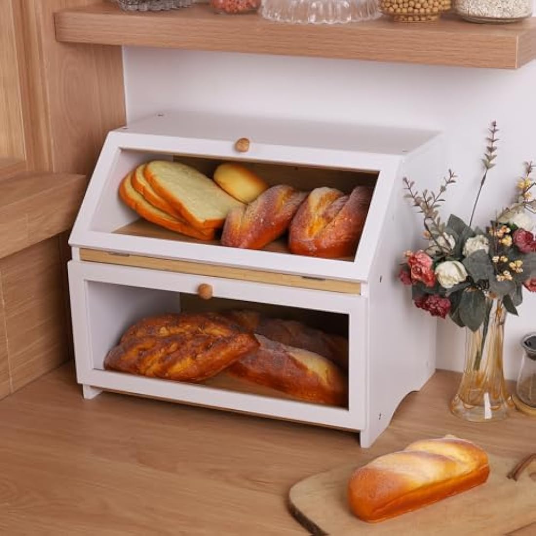 Leader Accessories Large 2-Layer Bamboo Bread Box – White Kitchen Storage