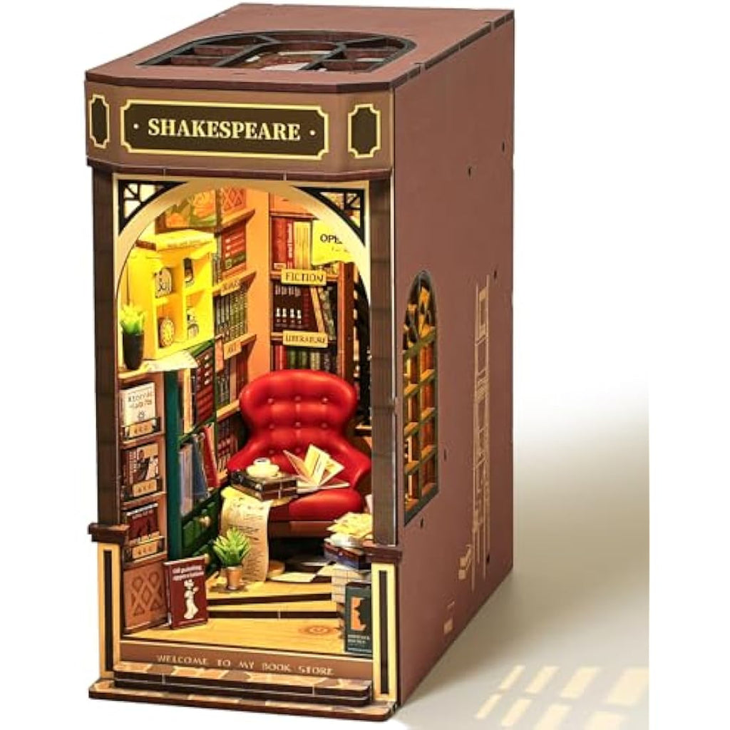 ROBOTIME Shakespeare Bookstore Book Nook Kit – 3D Wooden Puzzle with LED