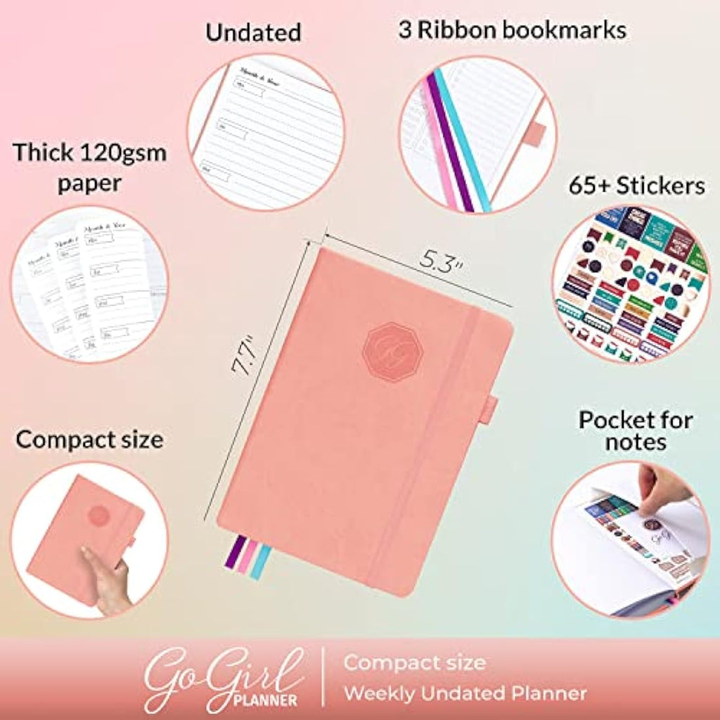 GoGirl Undated Weekly Planner – Compact Goal Journal, Peach Pink