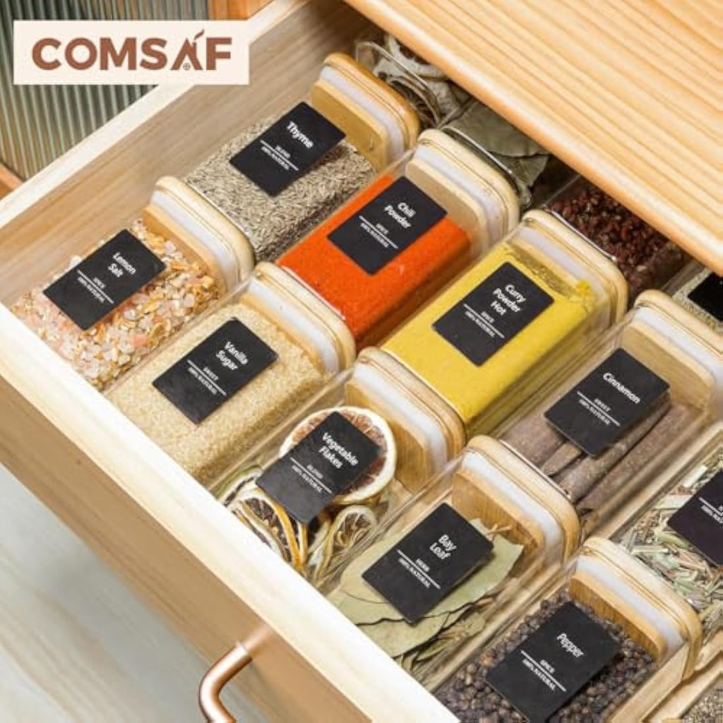 ComSaf 12 Pcs Square Glass Spice Jars with Bamboo Lids and Labels, 8oz