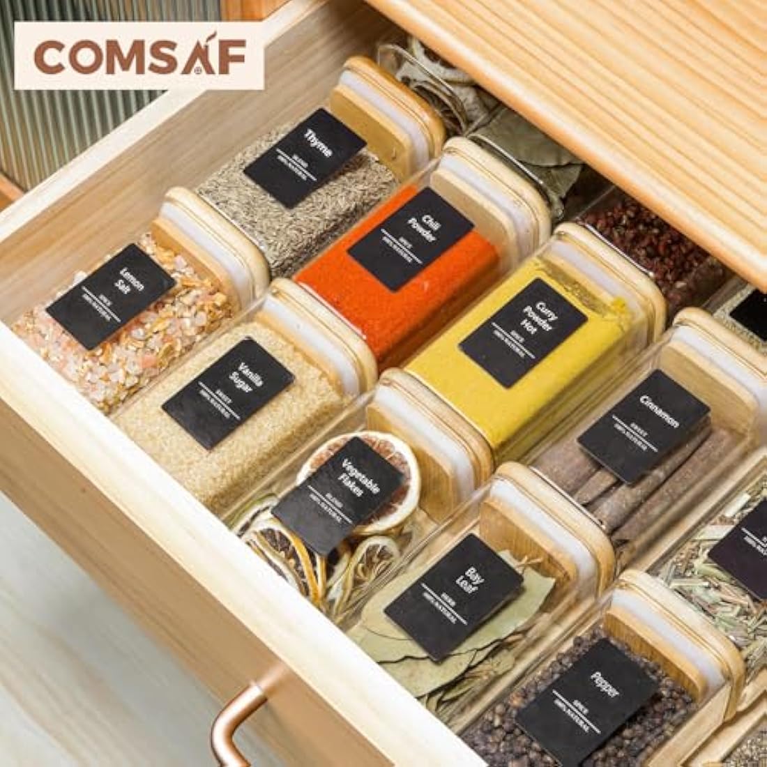 ComSaf 12 Pcs Square Glass Spice Jars with Bamboo Lids and Labels, 8oz