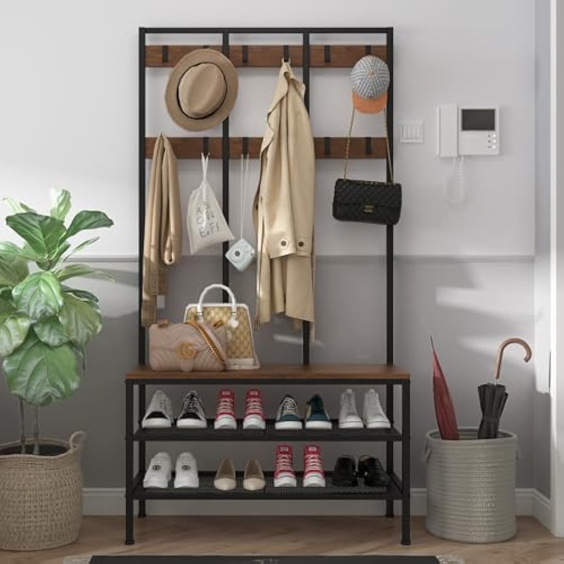 Dripex Industrial Hall Tree Coat Rack with Shoe Bench and 12 Hooks