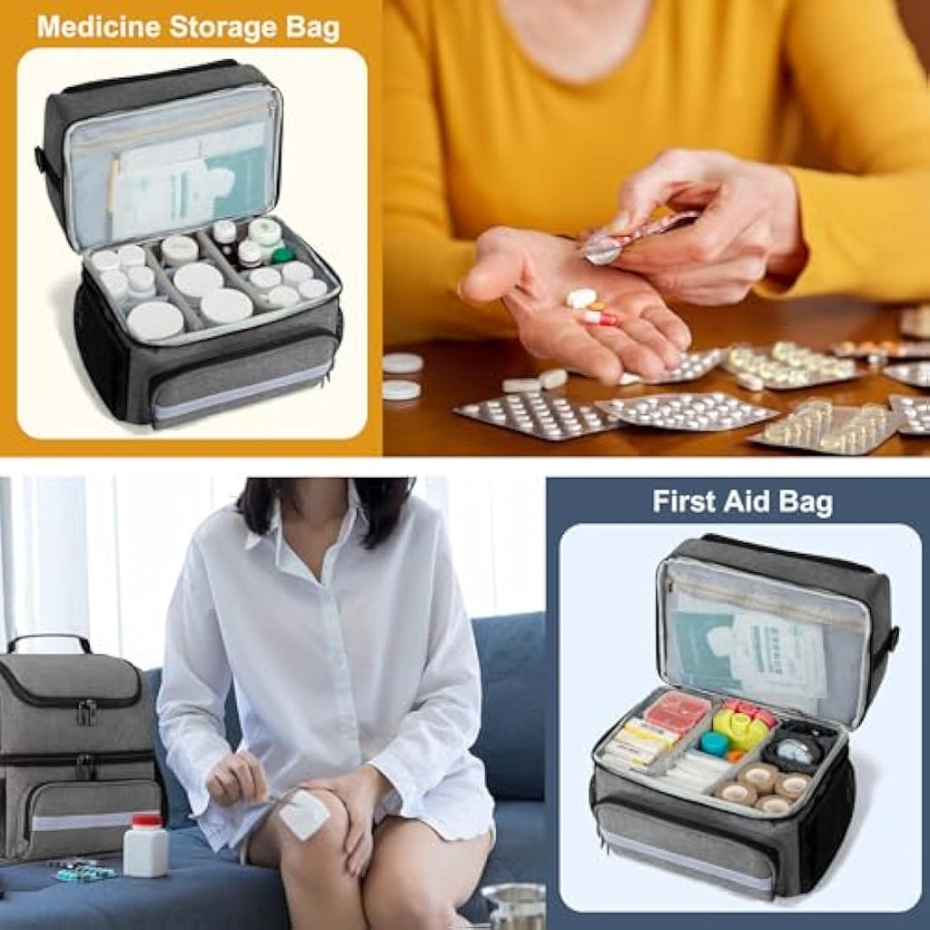 CURMIO Double Layer Medicine Storage Bag | First Aid Kit Organiser, Grey