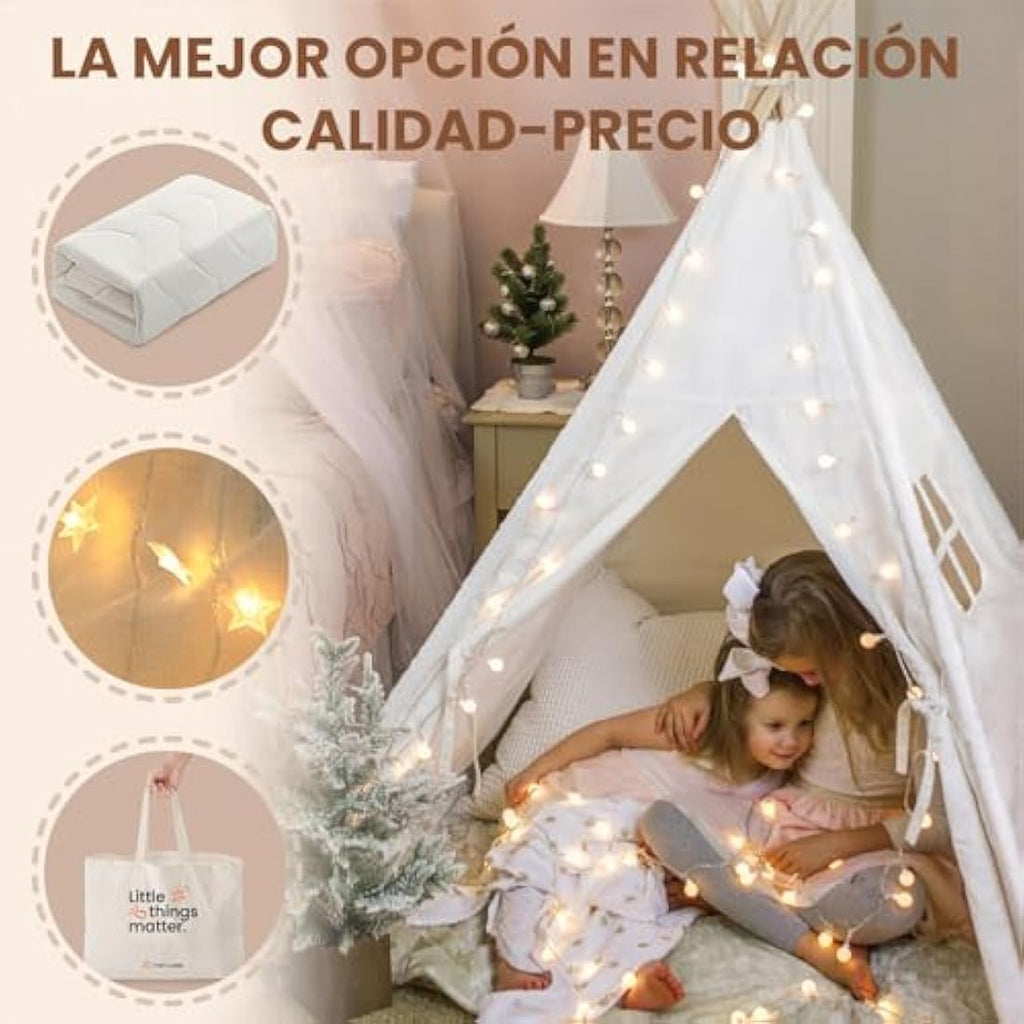 Tiny Land Kids Teepee Tent with Padded Mat & Lights | Off-White Canvas