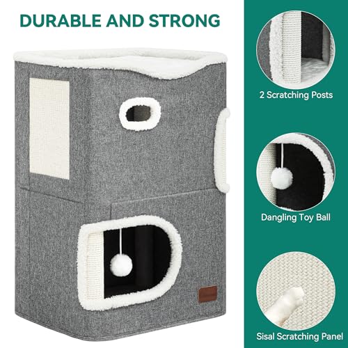 YITAHOME 3-Level Cat House Condo with Scratching Post & Hammock – Grey
