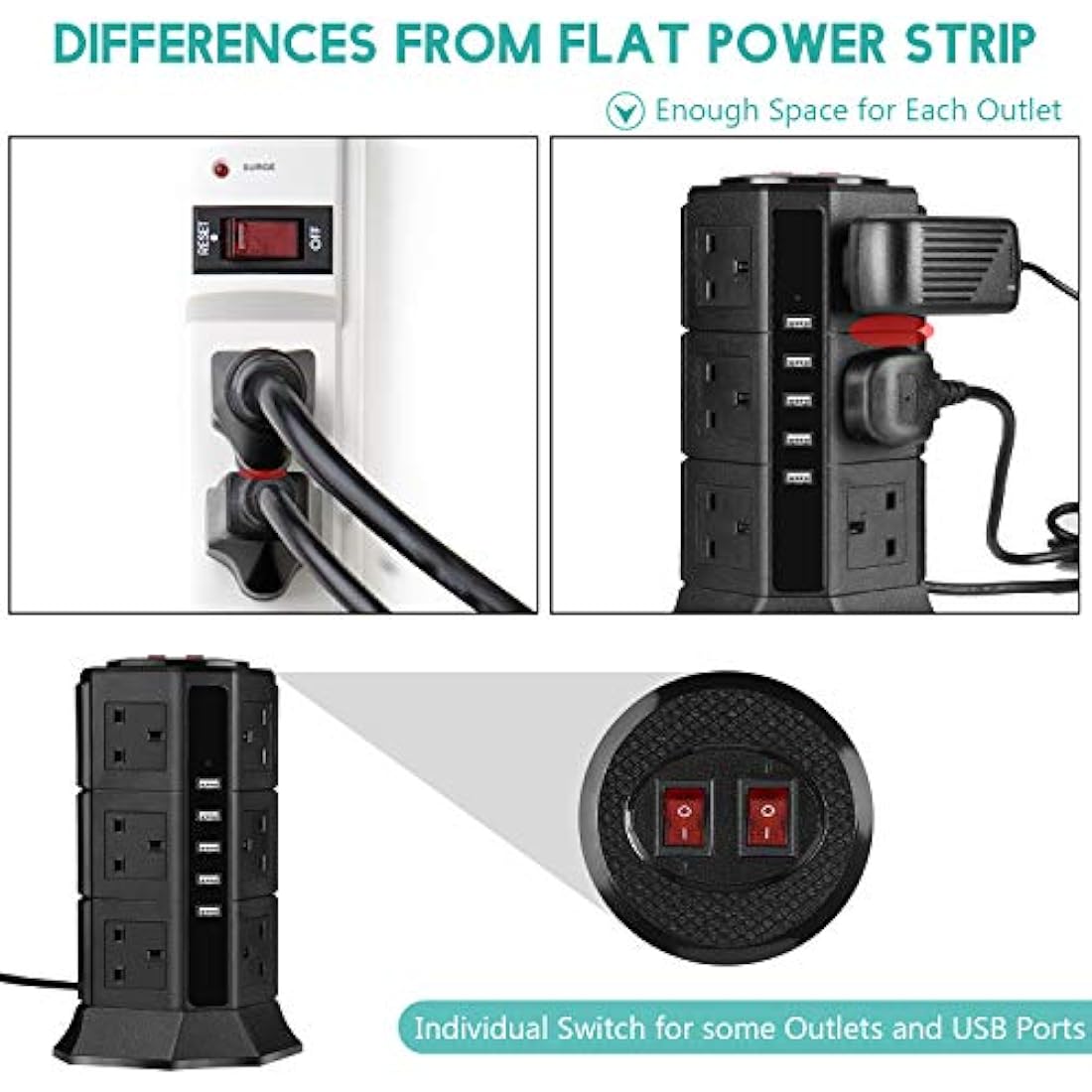 PRITEK 12-Way Vertical Extension Lead | 1000J Surge Protector with 5 USB