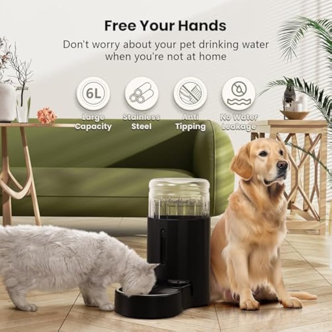 JUNSPOW 6L Gravity Pet Water Dispenser – Stainless Steel Automatic Waterer