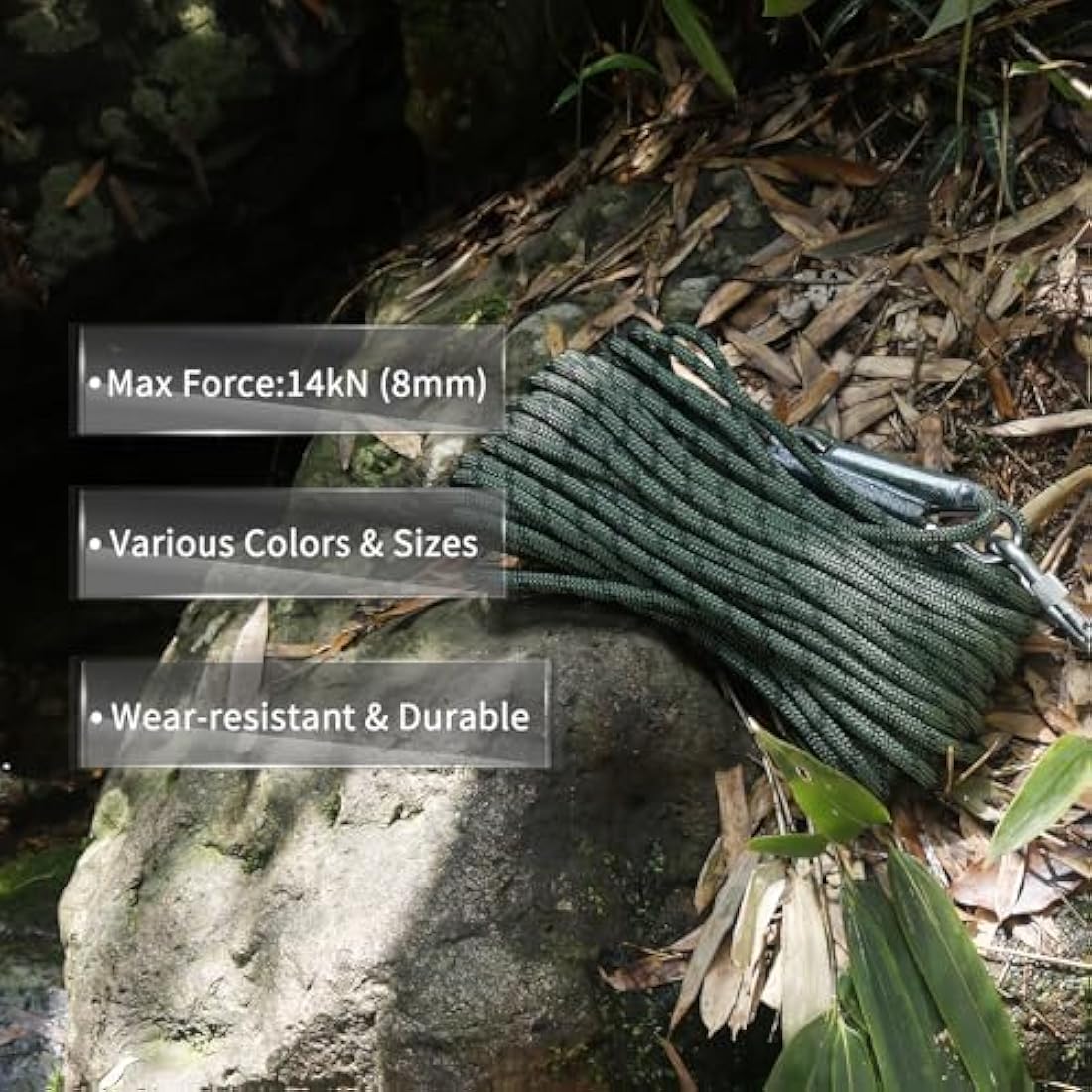 NewDoar 8mm Static Climbing Rope – 14KN Safety Cord with 2 Carabiners