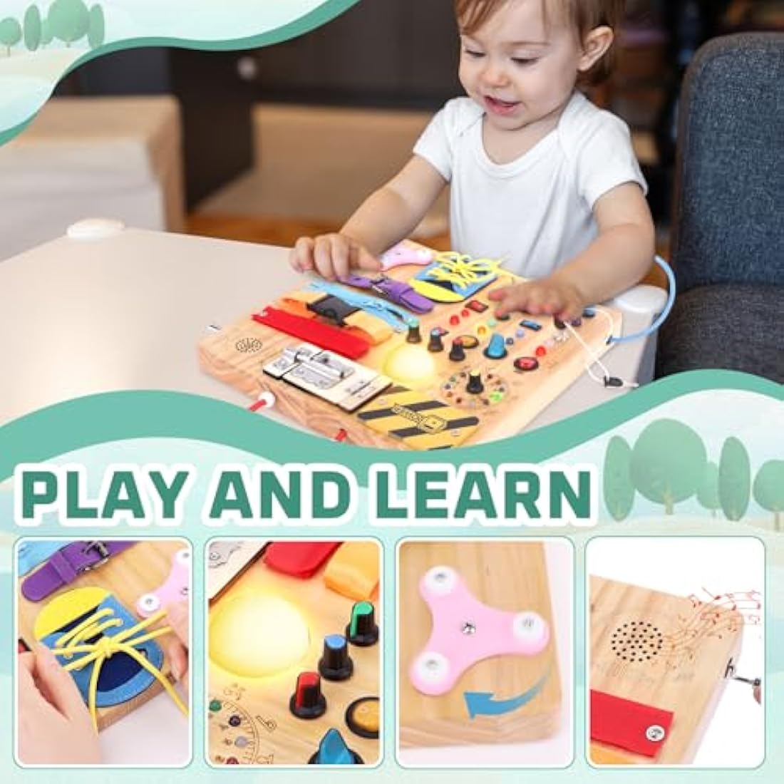 Jolof Store Montessori Busy Board – 23-in-1 Wooden LED Sensory Toy